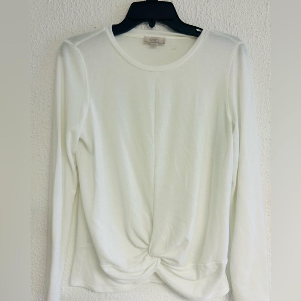 Loft Women’s Yoga White Twist-Knot Long Sleeve Top round neck Sm Knit Sweater